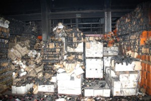 One shot of the result of the wine warehouse fire. 4.5 million bottles of rare wine were destroyed. Photo by ATF.