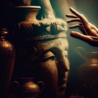 An AI generated image that shows a human hand reaching towards what looks like an ancient sculpture head