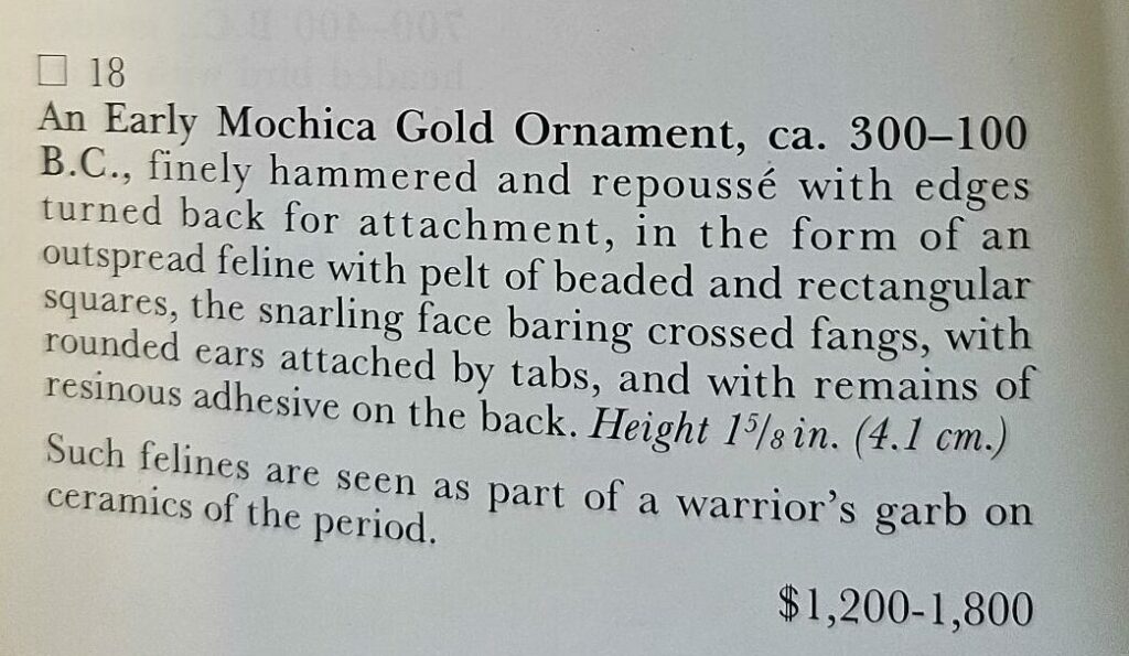 Text of the auction catalogue saying An Early Mochica Gold Ornament
