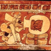 Detail of a painted ancient Maya vase showing an anthropomorphic animal drinking from a large vessel with a glyph on it.