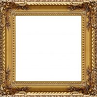An ornate gold square picture frame with nothing inside of it.