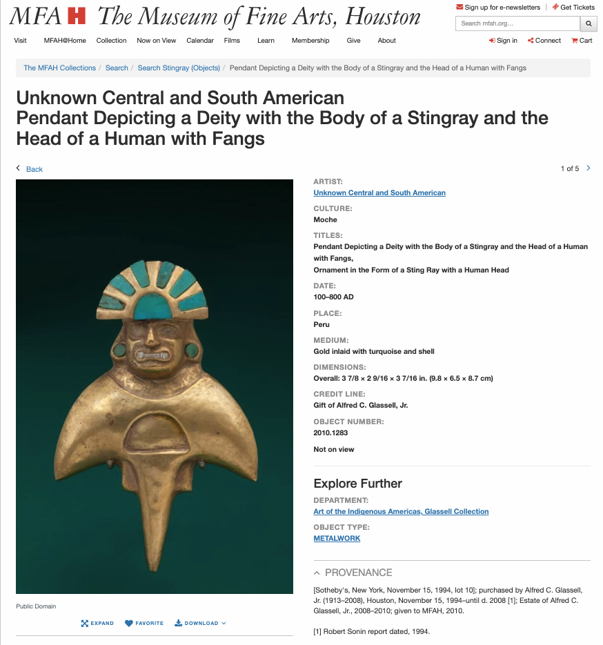 Screen shot of the Museum of Fine Arts, Houston, collection website showing the piece in question: a gold stingra
y with a human head with turquoise inlaid ornaments. 