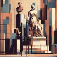AI generated artwork showing abstracted greek sculpture in a museum setting with geometric shapes overlaid.